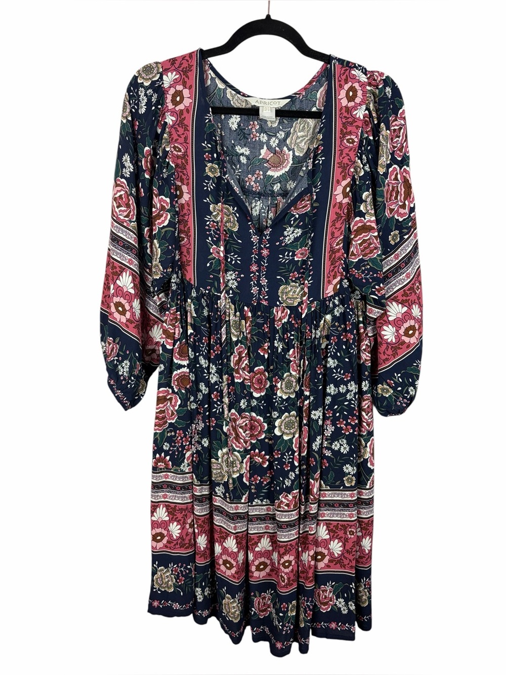 Apricot Floral Boho Peasant Dress Navy Pink Border Print Viscose Size 8